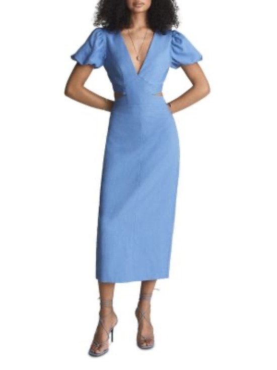 REISS Jennah Puff Sleeve Cut Out Back Midi Dress in Blue UK Size 10 NWT - Picture 1 of 8